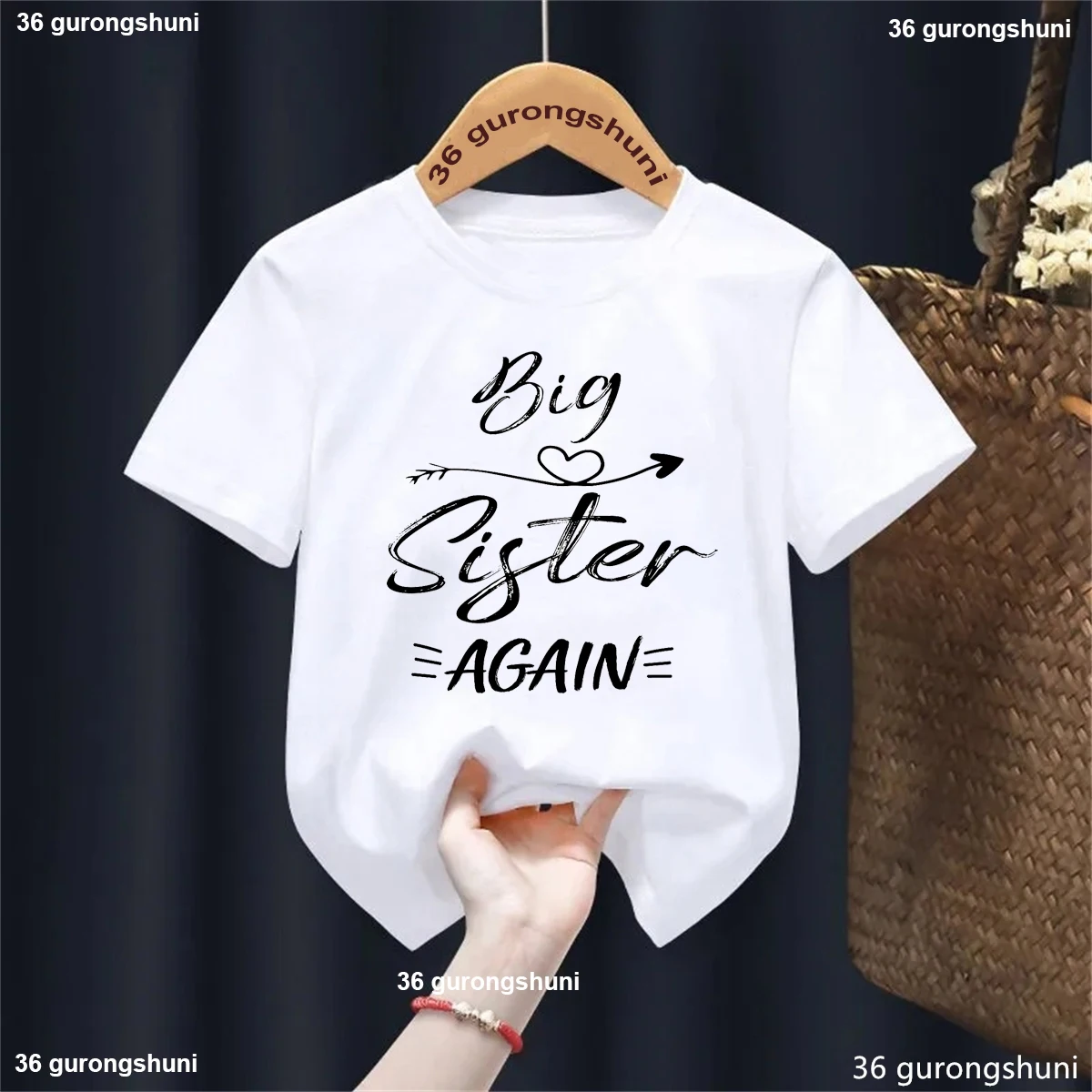 Big Sister Again Arrow Letter Printed T Shirt Girls Pregnancy Announcement Shirt Kawaii Kids Clothes White/Pink/Black T-Shirt