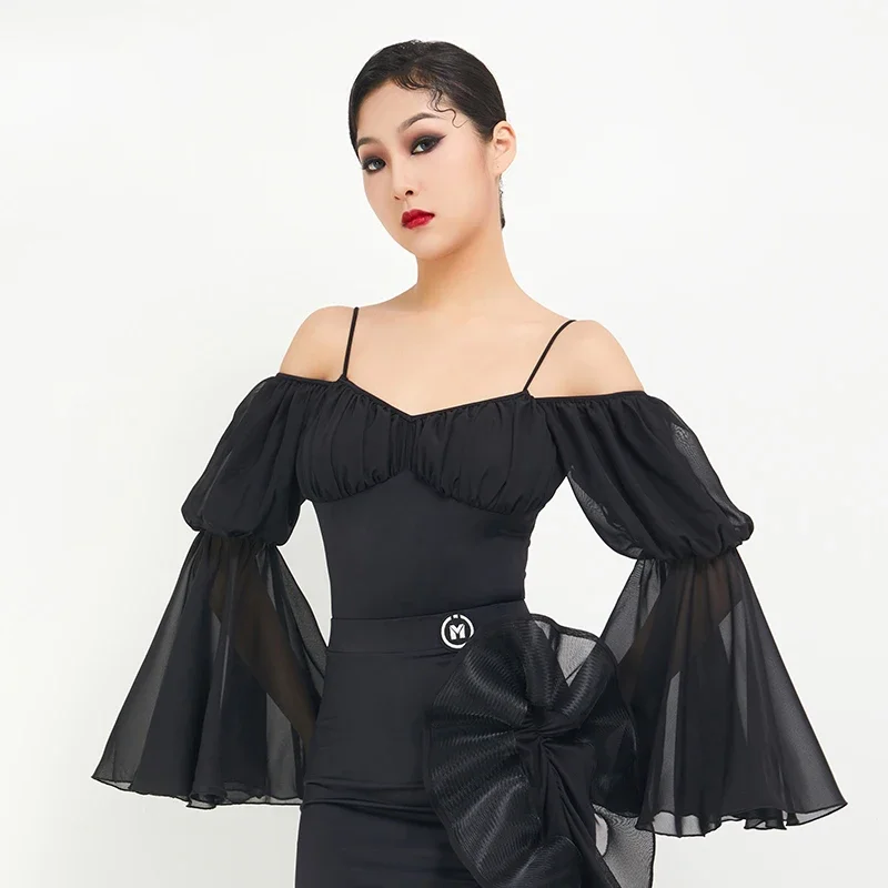 New Ballroom Dance Competition Clothing For Women Black Lantern Sleeved Fish Bone Skirt Suit Waltz Modern Dance Dress DN15103