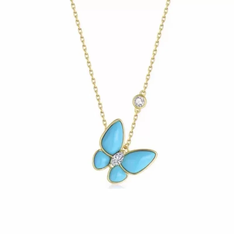 Minar Fantasy Blue Color Resin CZ Cubic Zirconia Butterfly Wings Pendant Necklaces for Women Real Gold Plated O-chain Chokers
