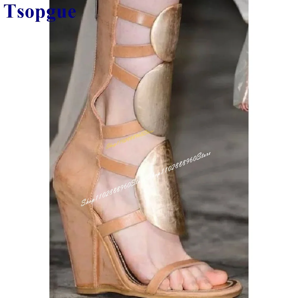 Sandalias de media caña Para mujer, con cuña Zapatos de tacón, cremallera trasera, Punta abierta, color champán, 2024