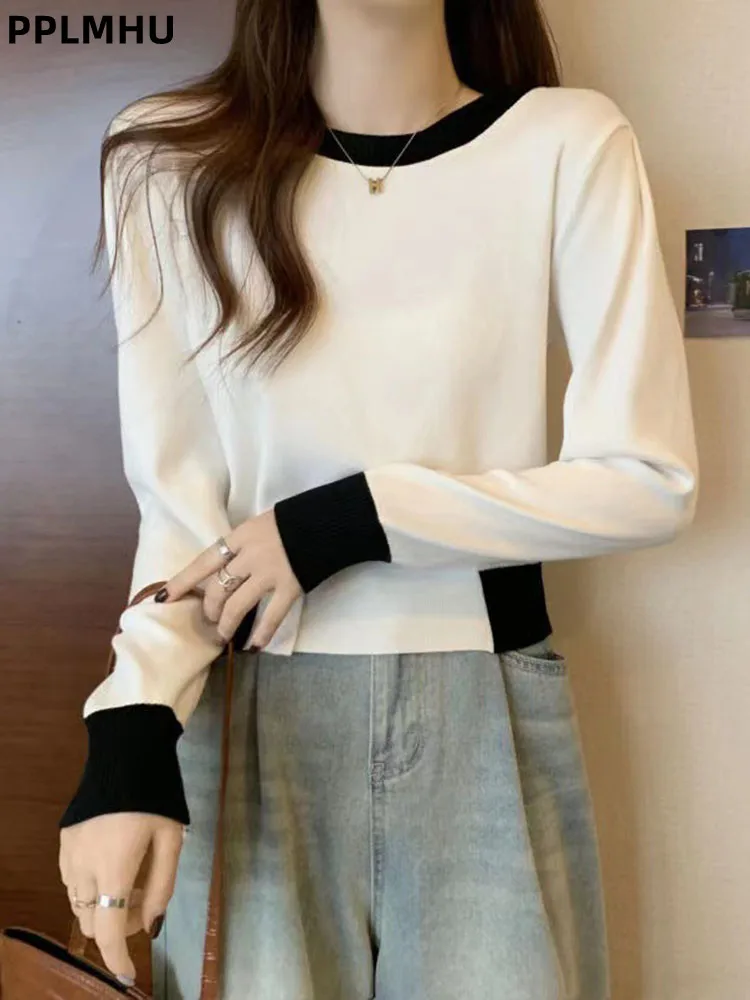 

Women's Casual Slim Knitted Sweater Waist Cinched Contrasting Color Korean O-Neck Pullover Top Fashion Button Bottomed Tee