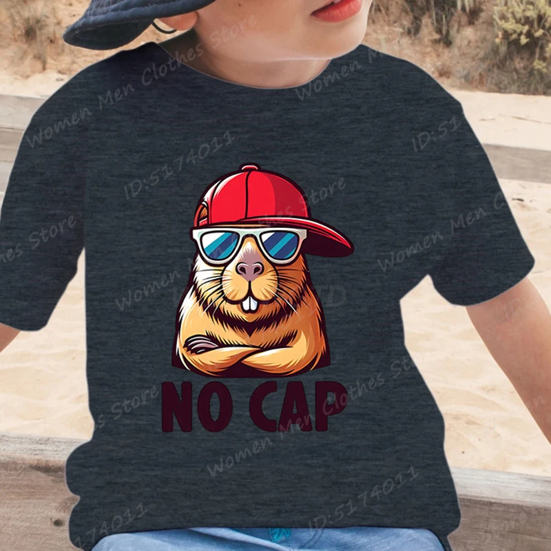 Cool Capybara No Cap Print T-shirts Summer Fashion Casual Short Sleeve Crew Neck Tops Children Boys Tee Shirt Pure Color T Shirt