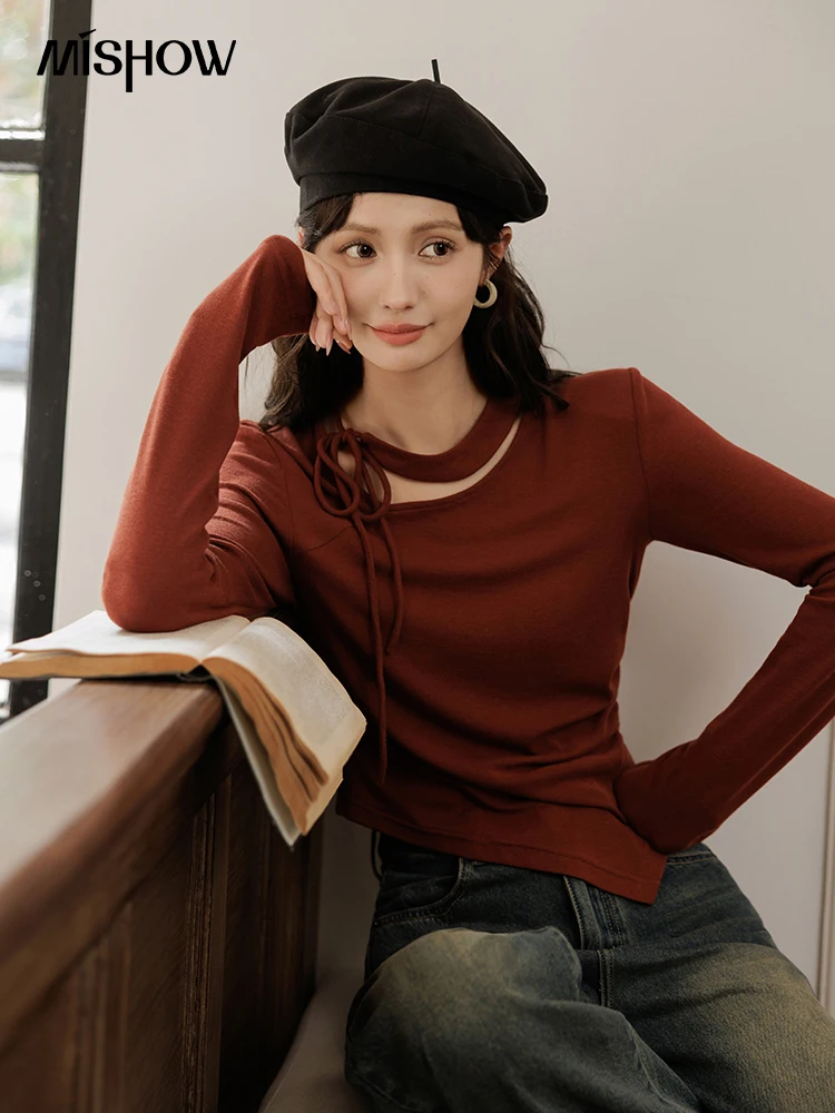 MISHOW Knitted T-shirt Women Autumn 2024 Hanging Neck Sloping Collar Lace Up Bottom Top Slim Fit Irregular Hem Tops MXD41T0391