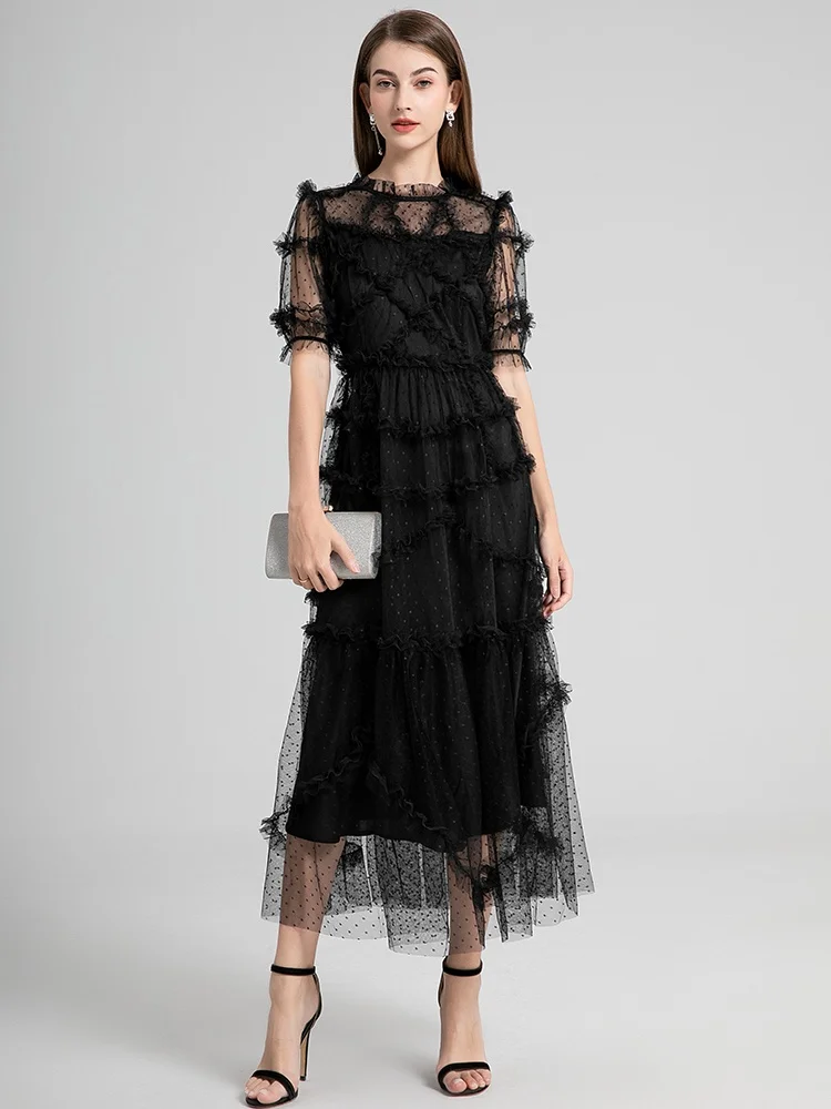 Long Summer Cake Prom Dress Women\'s Elegant Dot Robe Luxury Ruffles Gauze Mesh Embroidery Edible Tree Fungus Wedding Vestido