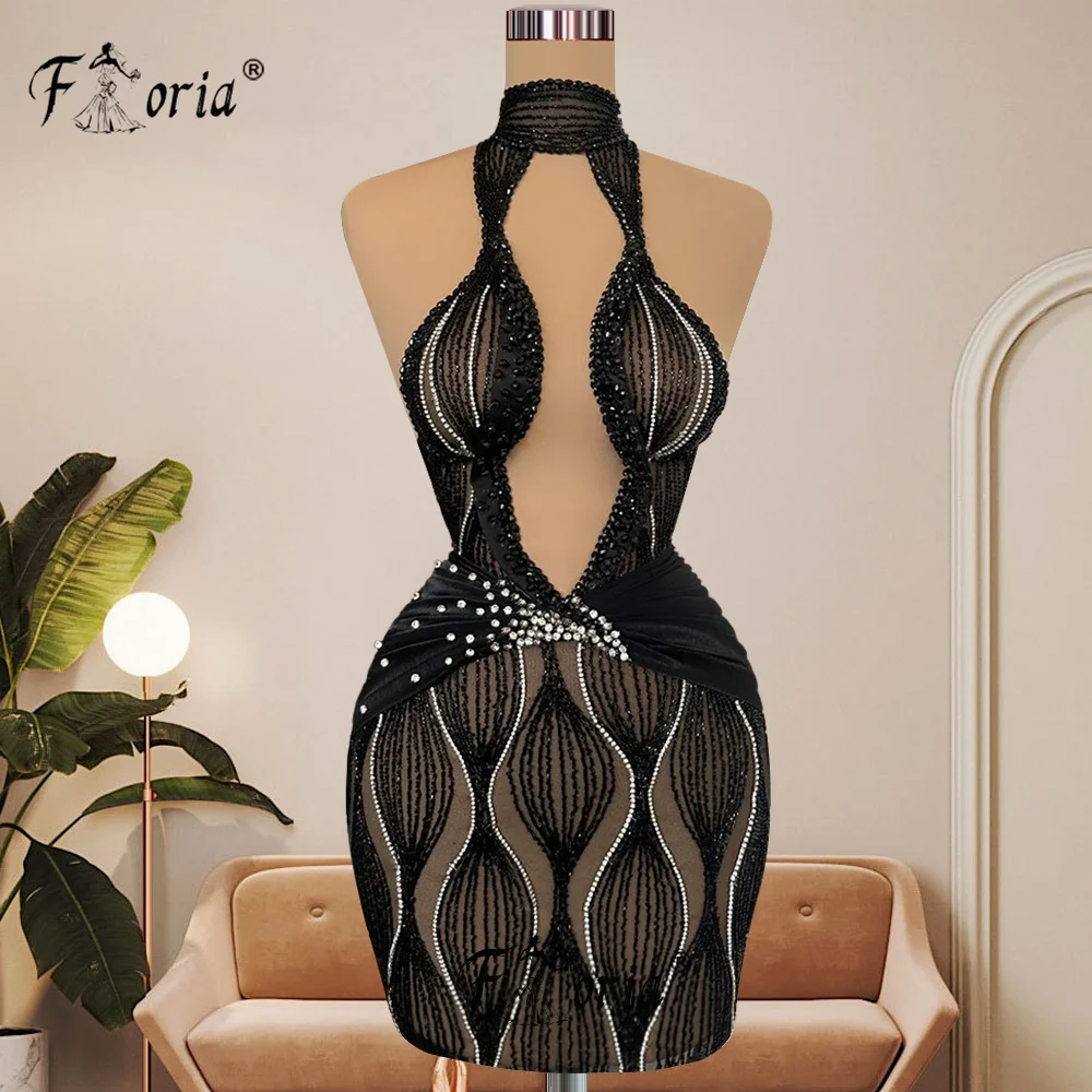 Sexy Black Cut-out Halter Neck Cocktail Dress Beaded See Through Sleeveless Short Birthday Party Dress Dancer Club Stage Show