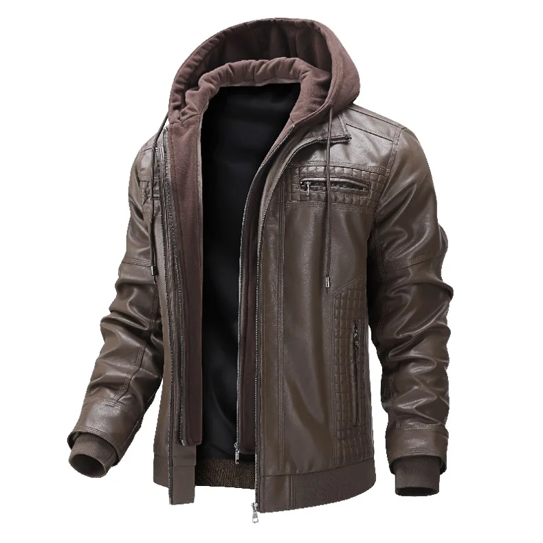

Men Vintage Brown PU Leather Flight Coat Hooded Velvet Lined Warm Bomber Leather Coat Fashionable Faux Leather Outerwear for Men