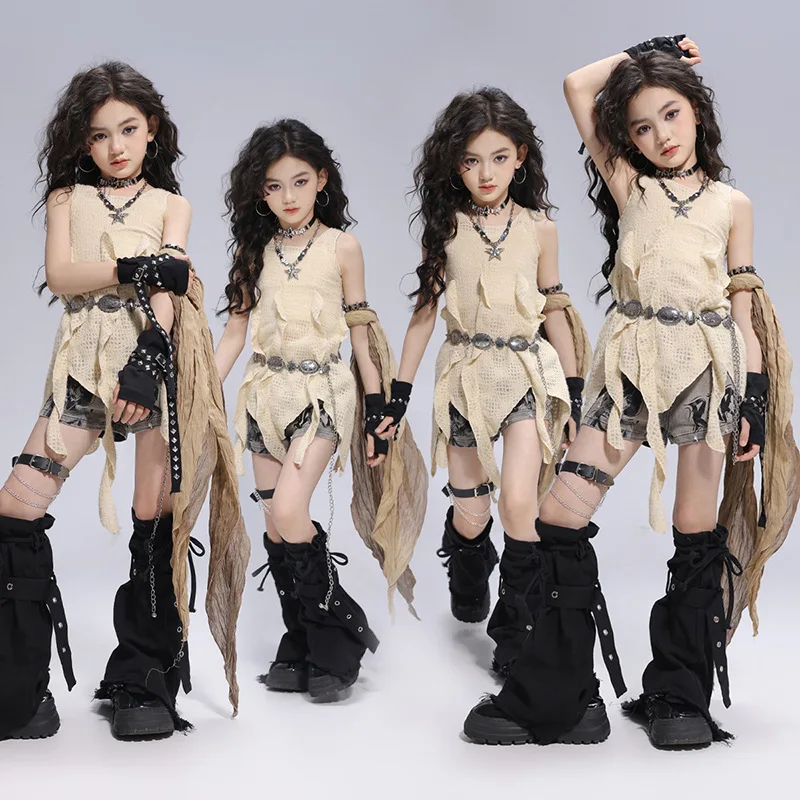 

Kid Wasteland Kpop Hip Hop Clothing Beige Ruffled Tank Top Casual Gray Print Shorts for Girls Jazz Dance Wear Costumes Clothes