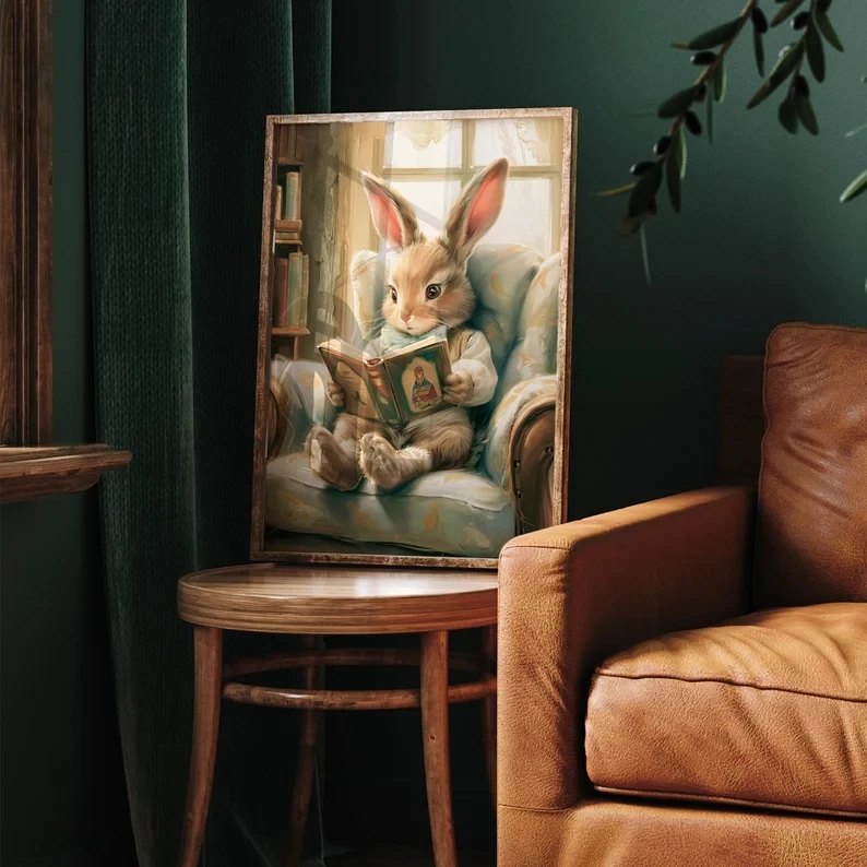 Easter Cute Bunny Reading A Book Poster Print Vintage Spring Rabbit Canvas Painting Antique Wall Art Nursery Kids Room Decor