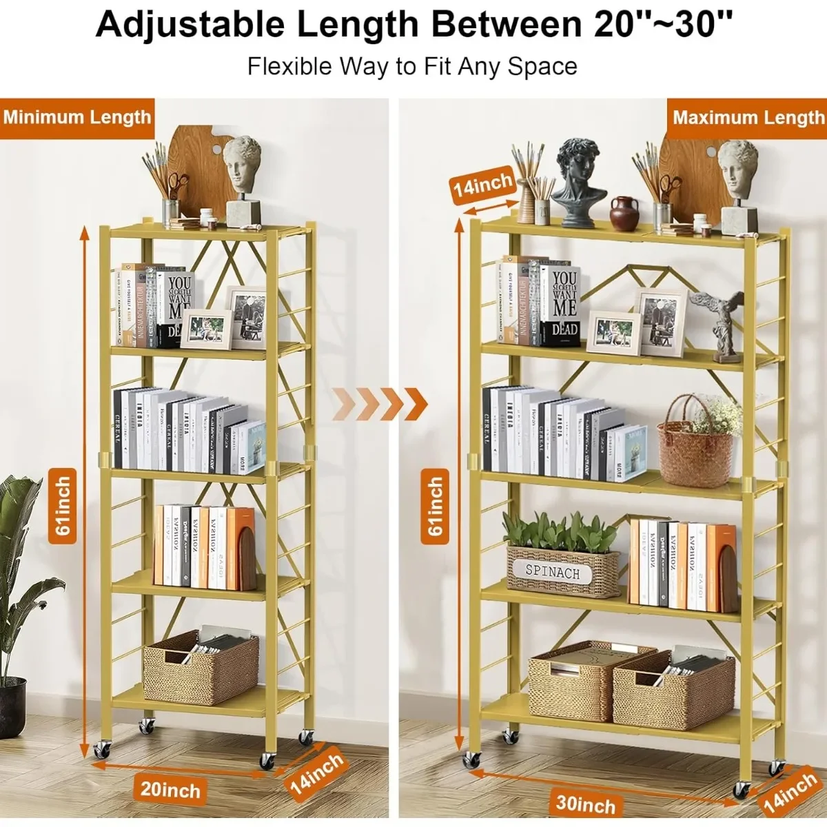 調節可能な5段折りたたみ式棚 ゴールド、省スペースガレージ用キャスター付きコンバーチブル収納ラック