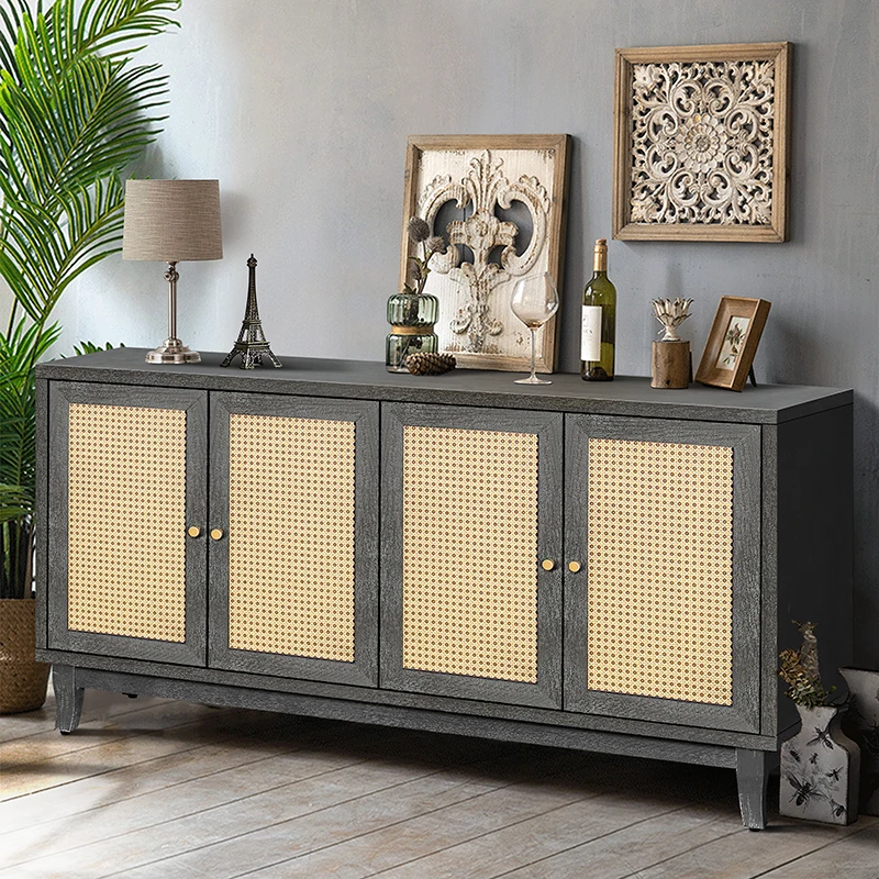 Downloads: 286  Handcrafted Premium Grain Panels,Rattan Sideboard Buffer Cabinet With 4 Rattan Doors, Modern Storage Cupboard