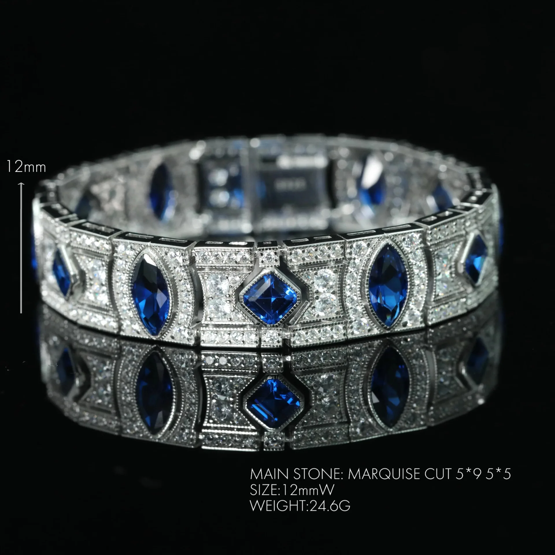 925 Silver & Gold Plated High Carbon Diamond Royal Blue Art Series Western Antique Bracelet Custom Shape Made of Copper Crystal