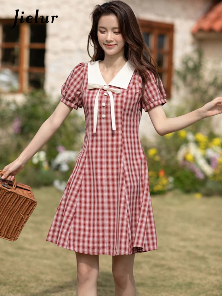 

Jielur Red Plaid лук V-neck сладкая мода Streetwear женское платье французский стиль тонкая Талия короткий рукав день рождения платья