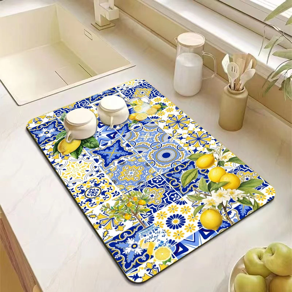 Rubber Dish Drying Mat for Kitchen Counter Large Lemon Washable Quick Home Coffee Pad Fit Under Sink,Bar,Utensils