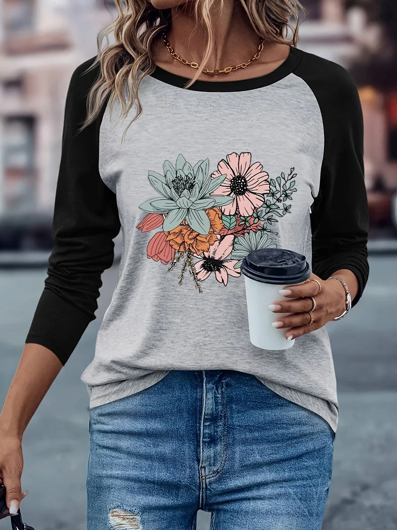 Harajuku Retro Blumenmuster Lässiges Langarm-T-Shirt Winter Herbst Grafisches Weiches Langarm-T-Shirt für Damen – Detail 2