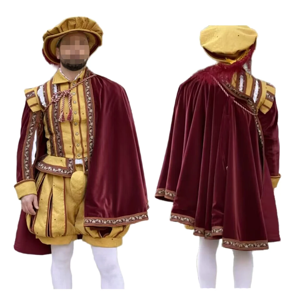 15th Century Tudor Men Women Cosplay Costume Outfits Tudor Elizabethan King Prince Costume Ball Gown With Cape Hat Full Set