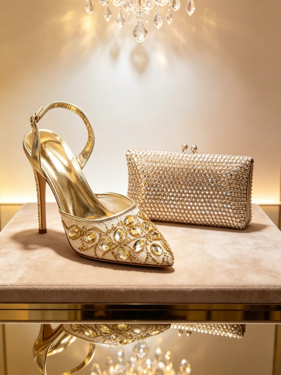 Conjunto de Zapatos de Fiesta para Mujer: Clutch Rectangular con Cuentas Doradas Champán y Tacones Slingback con Cristales de Topacio y Encaje