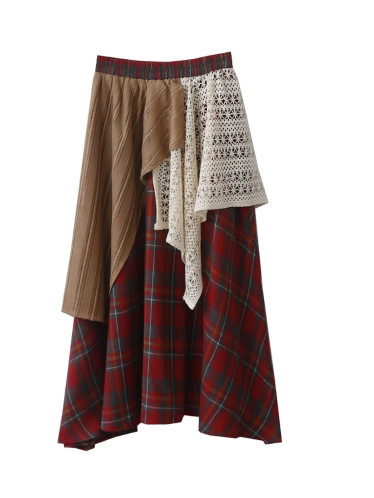 

Wasteland Core Asymmetric Midi Skirt Crochet Lace Panel Tartan Plaid & Knit Overlay Women Woodland Vintage Spring Layering