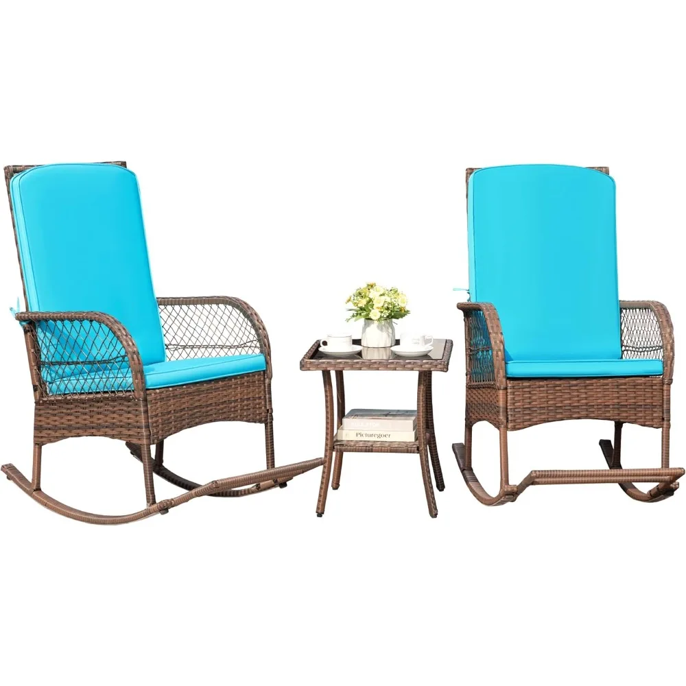 

3 Piece Outdoor Wicker Rocking Chairs Patio Furniture Set with Glass Coffee Table for Garden Backyard Porch Poolside, Blue