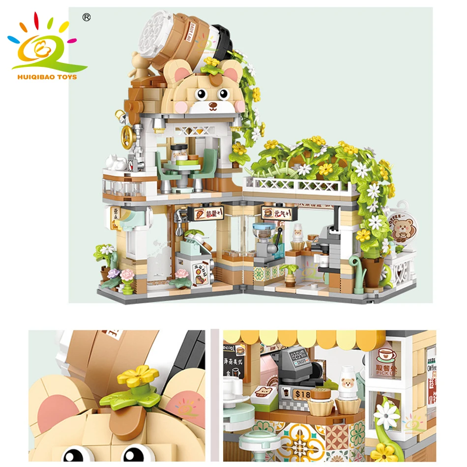 HUIQIBAO City Mini Street View Panda Tea House Model Building Blocks DIY Little Bear Coffee Shop Bricks Toys for Children Adult