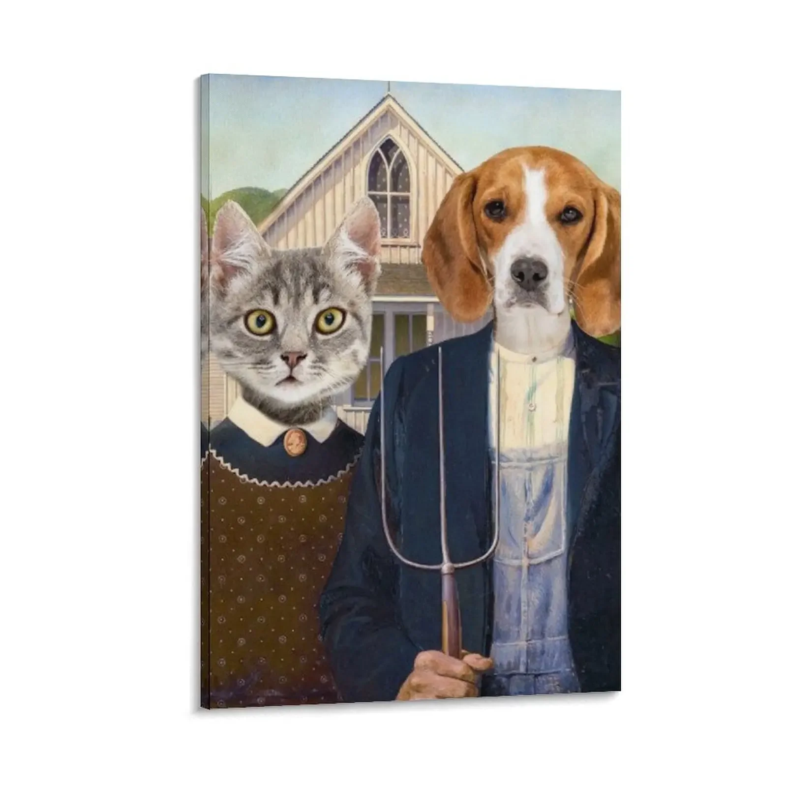 

American Gothic Cat and Dog mashup Canvas Painting wall art room decorations for girls Luxury living room decoration
