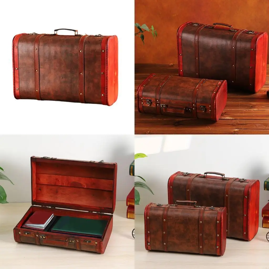   Wooden Trunk Faux Leather Handle Carrying Case Portable Storage Container For Jewelry Cosmetics And Collectibles