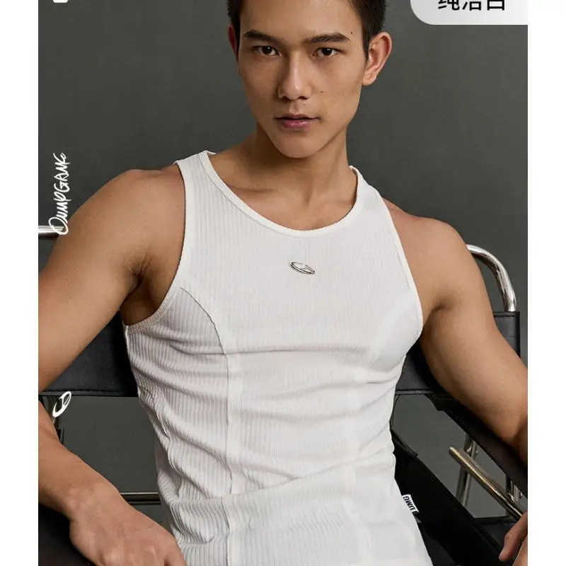 DROZENO Men's Sleeveless Fitness Vest Tight Sports Split Design Pit Knitted Base Shirt for Fitness