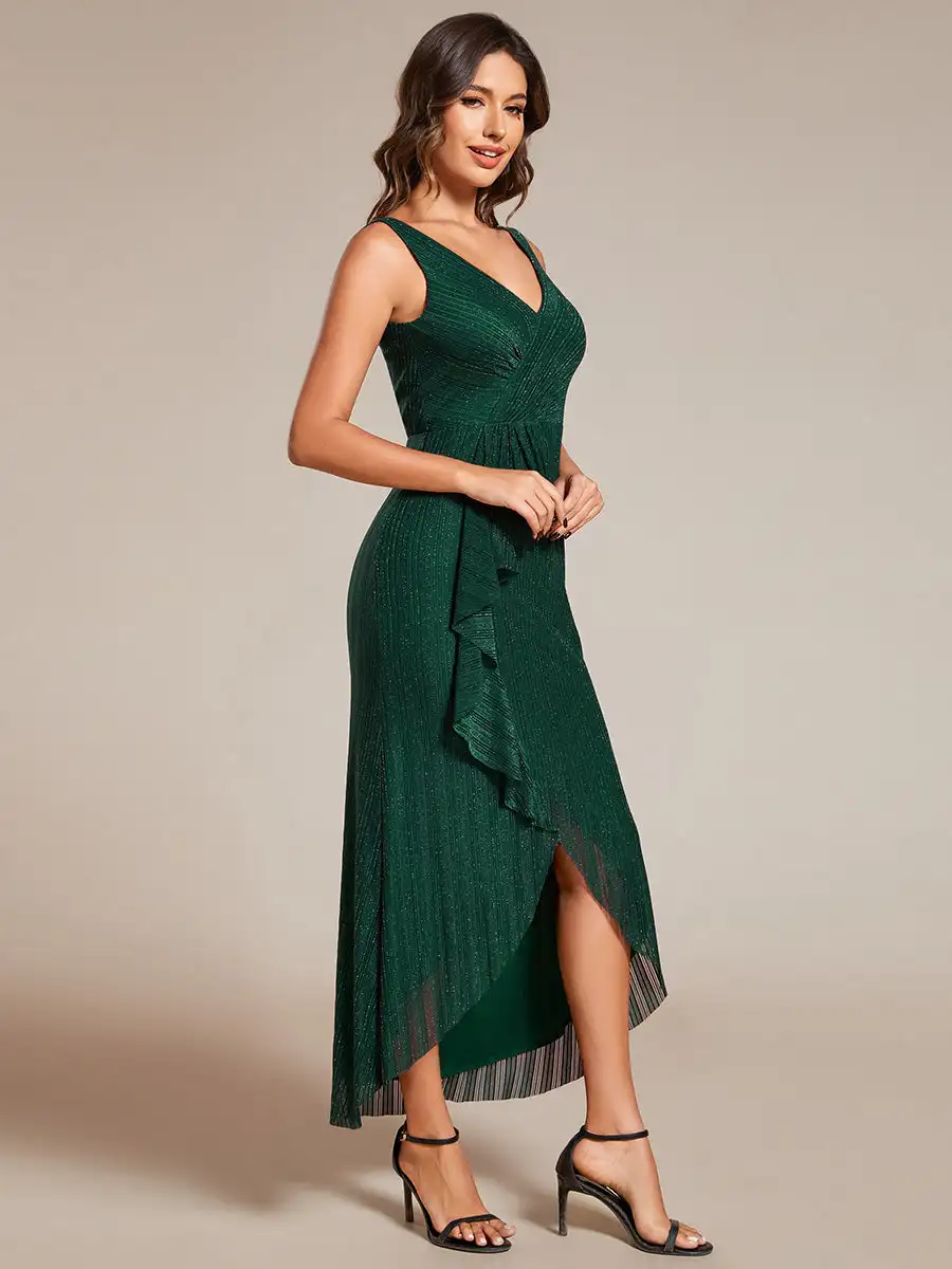 Sempre bonita-vestido de noite sereia, lindo vestido de noite, plissado, gola V, comprimento midi, verde escuro, vestido de casamento, 2024