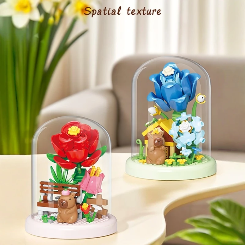 كابيبالا المناظر الطبيعية اللبنات المنزل الحلي الحبيبية الصغيرة تجميع اللعب عباد الشمس توليب الوردي زهرة أبدية نموذج هدية