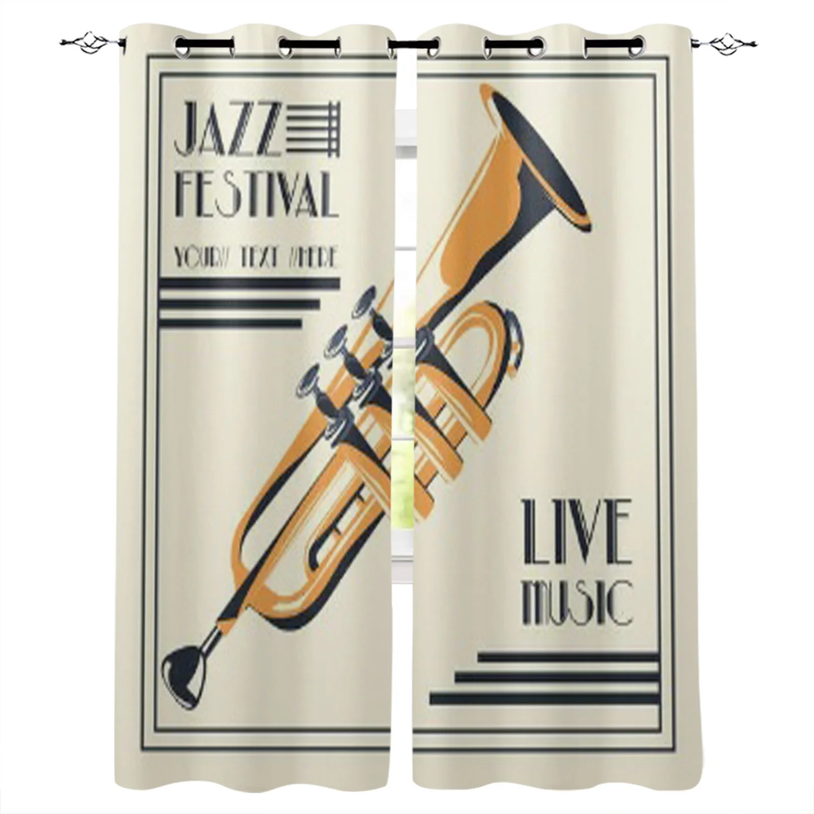 Jazz Festival Poster With Trumpet Instrument Icon Design Curtains For Kitchen Bedroom Window Curtains for Living Room Drapes