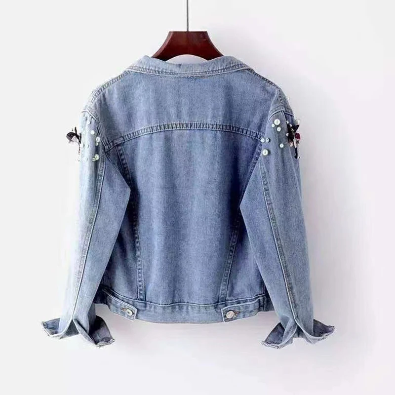 Spring Autumn Bead Denim Jacket For Women Dragonfly Appliques Blue Lapel Coat American Fashion High Street Female Jackets - Detail 1