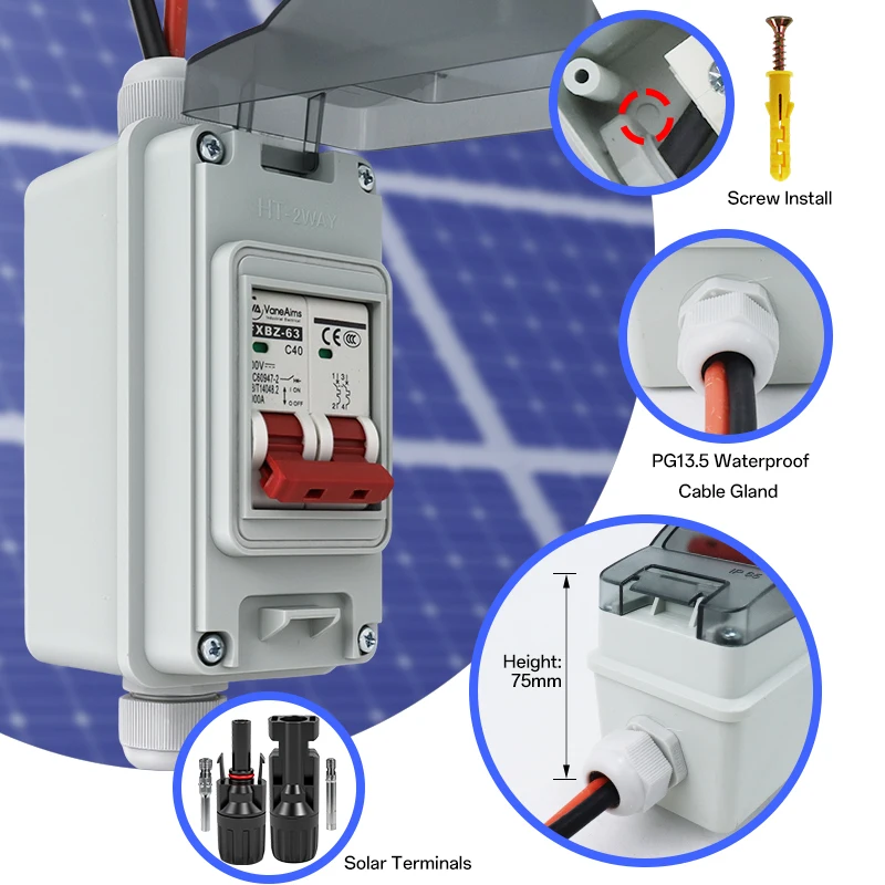 Solar Disconnect Switch DC500V Miniature Circuit Breaker 2P with IP65 Box 6A 10A 16A 20A 25A 32A 40A 63A For Outdoor PV Stystem