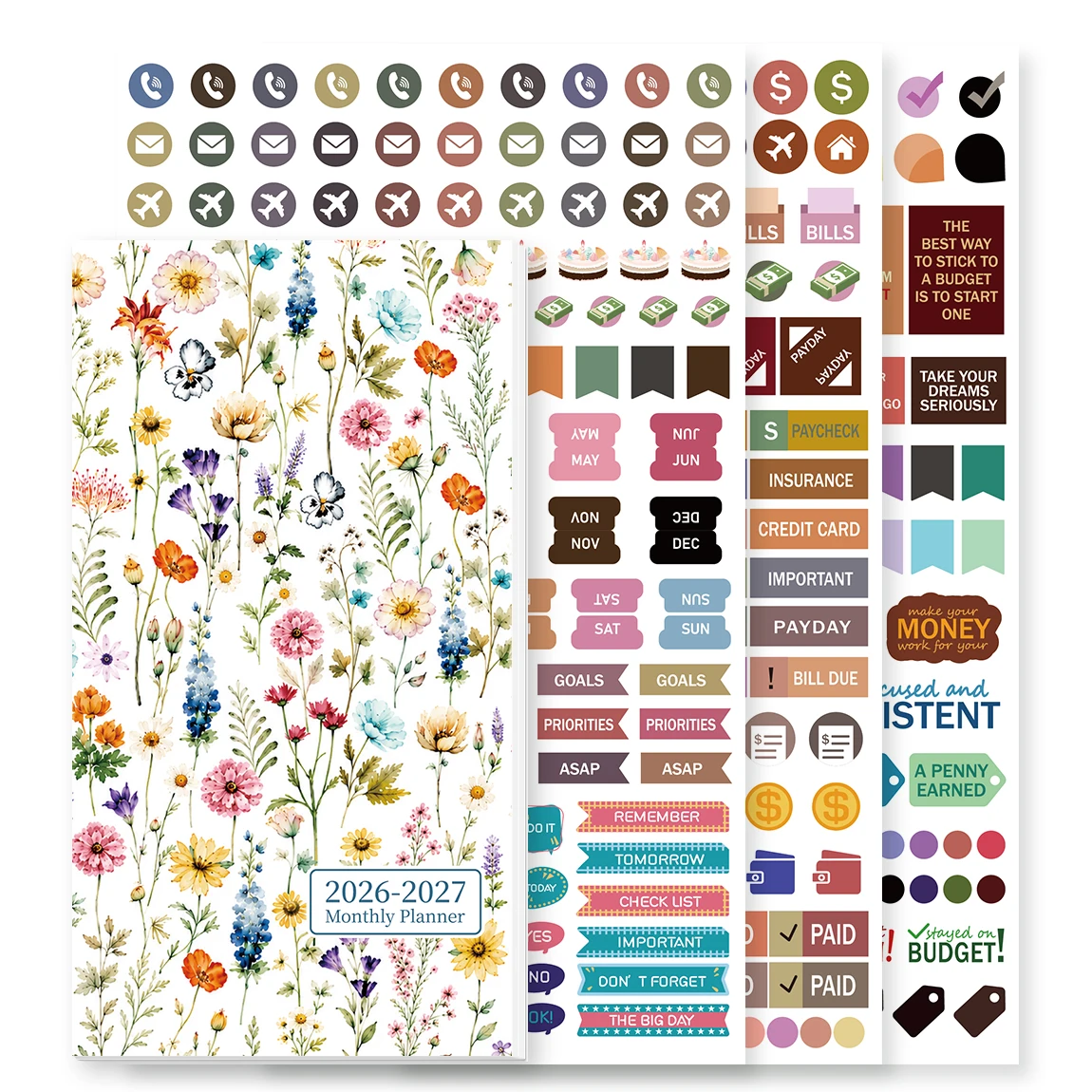 1pc Multicolor Floral Monthly Planner with Tabs & Budget Stickers, Waterproof Cover, 20 x 14 x 1.5 cm, for Home & Office