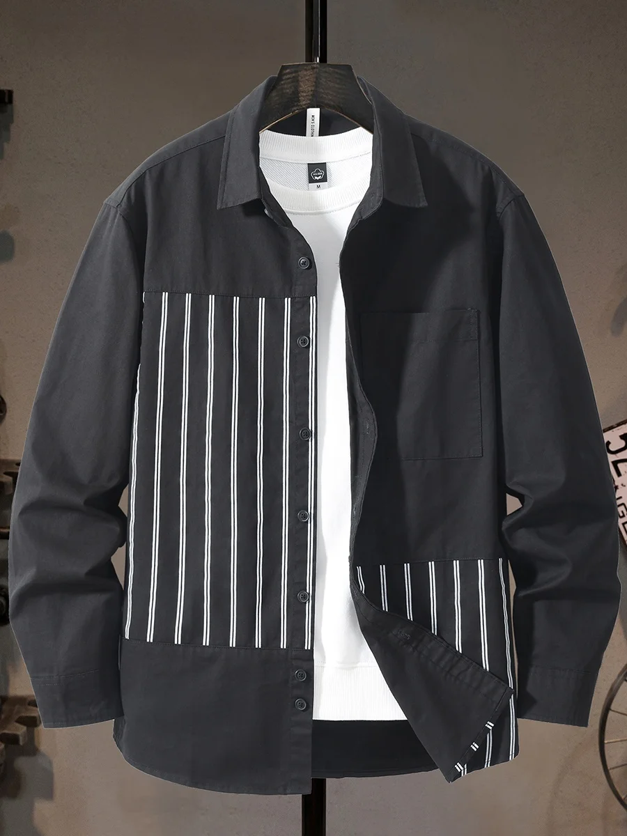 

Мужская хлопковая рубашка в полоску в гонконгском стиле, модная, повседневная, роскошная, художественная, молодежная, с длинным рукавом и отложным воротником