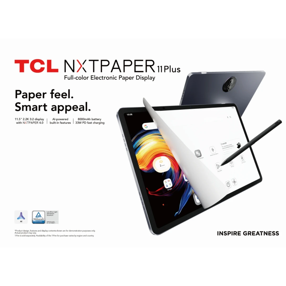 تابلت TCL TAB NXTAPER 11 Plus 11.5 بوصة 2.2K 120 هرتز 8 + 8 جيجابايت ذاكرة الوصول العشوائي 256 جيجابايت أندرويد 15 كاميرا 8 ميجابكسل أسطح معدنية