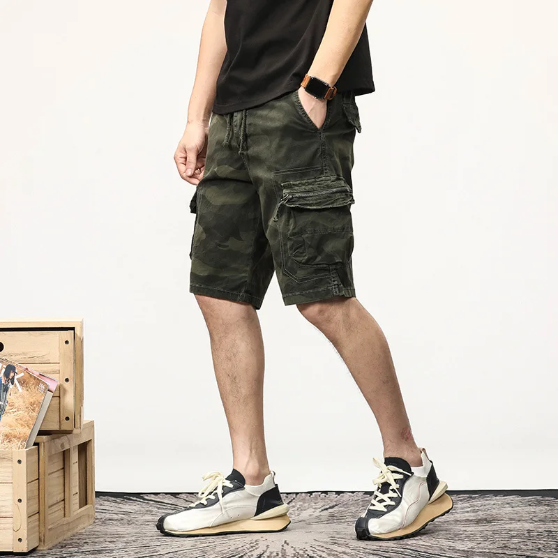 2025 Men's Stretch Camouflage Cargo Shorts, Summer Lightweight Multi-Pocket Casual Streetwear, Relaxed Fit Hong Kong Style