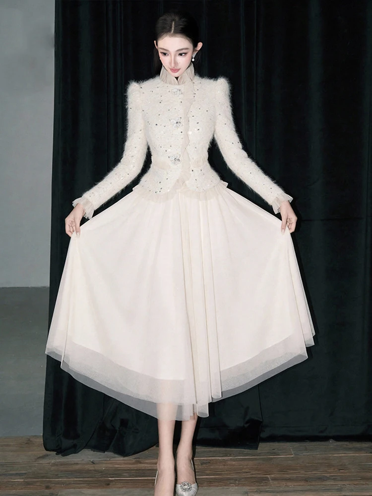 

Женское элегантное платье миди с эффектом двухслойности, ретро-стиль, блестящие пайетки, оборки, приталенный крой, фатин, А-силуэт, для официальных мероприятий, коктейльных вечеринок, повседневной носки, модное.