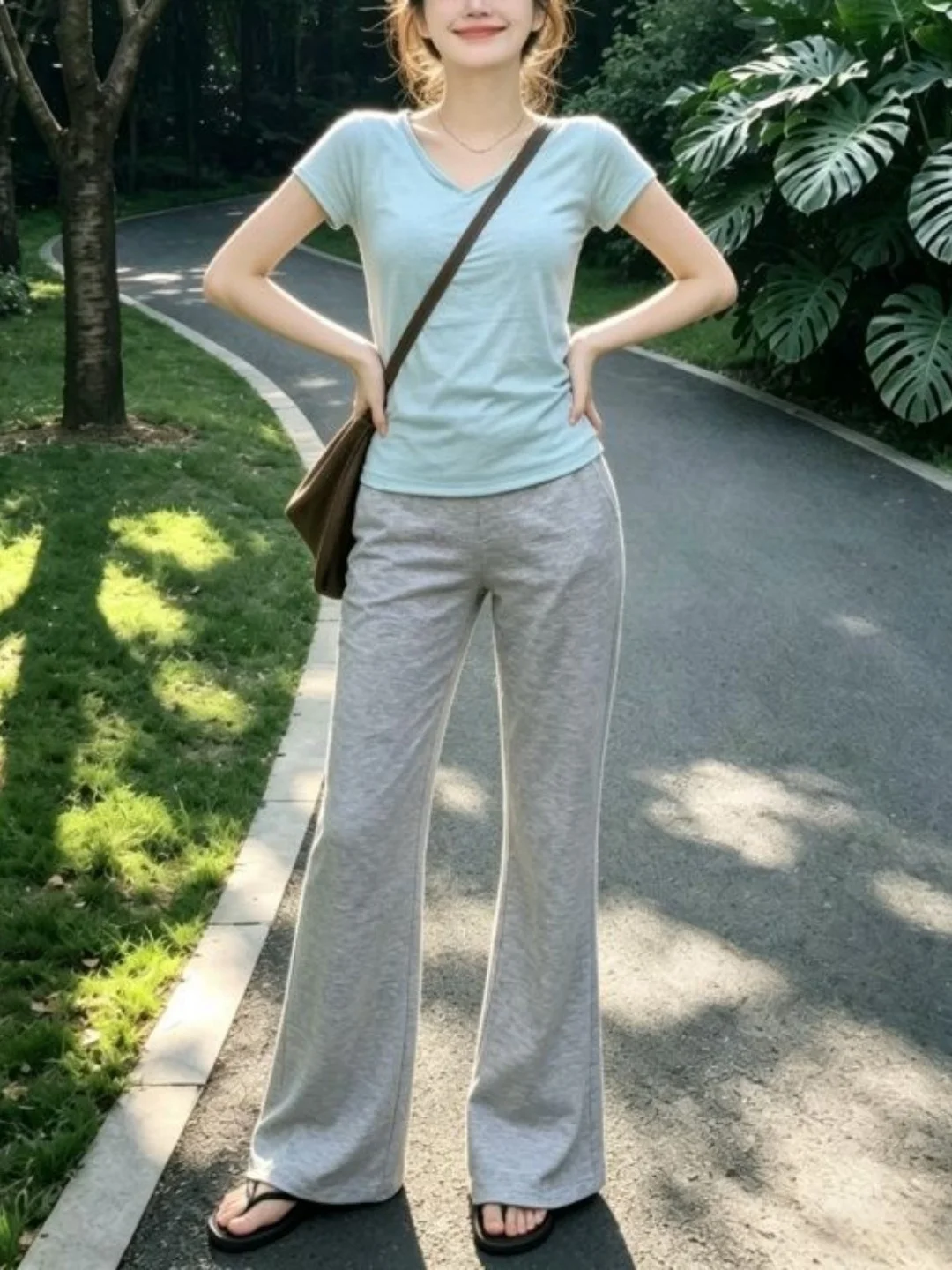 Casual Summer Women's Set Soft V-neck Short Sleeve T-shirt Flared Pants Two-piece Korean Style Fashion Ensemble for Leisure