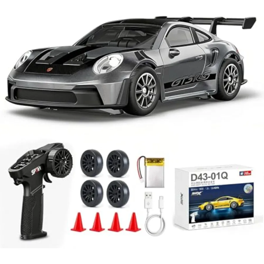 RC drift car for indoor/outdoor use, alloy body, black, gyro-stabilized 4WD with full proportional control, 20km/h speed, extra
