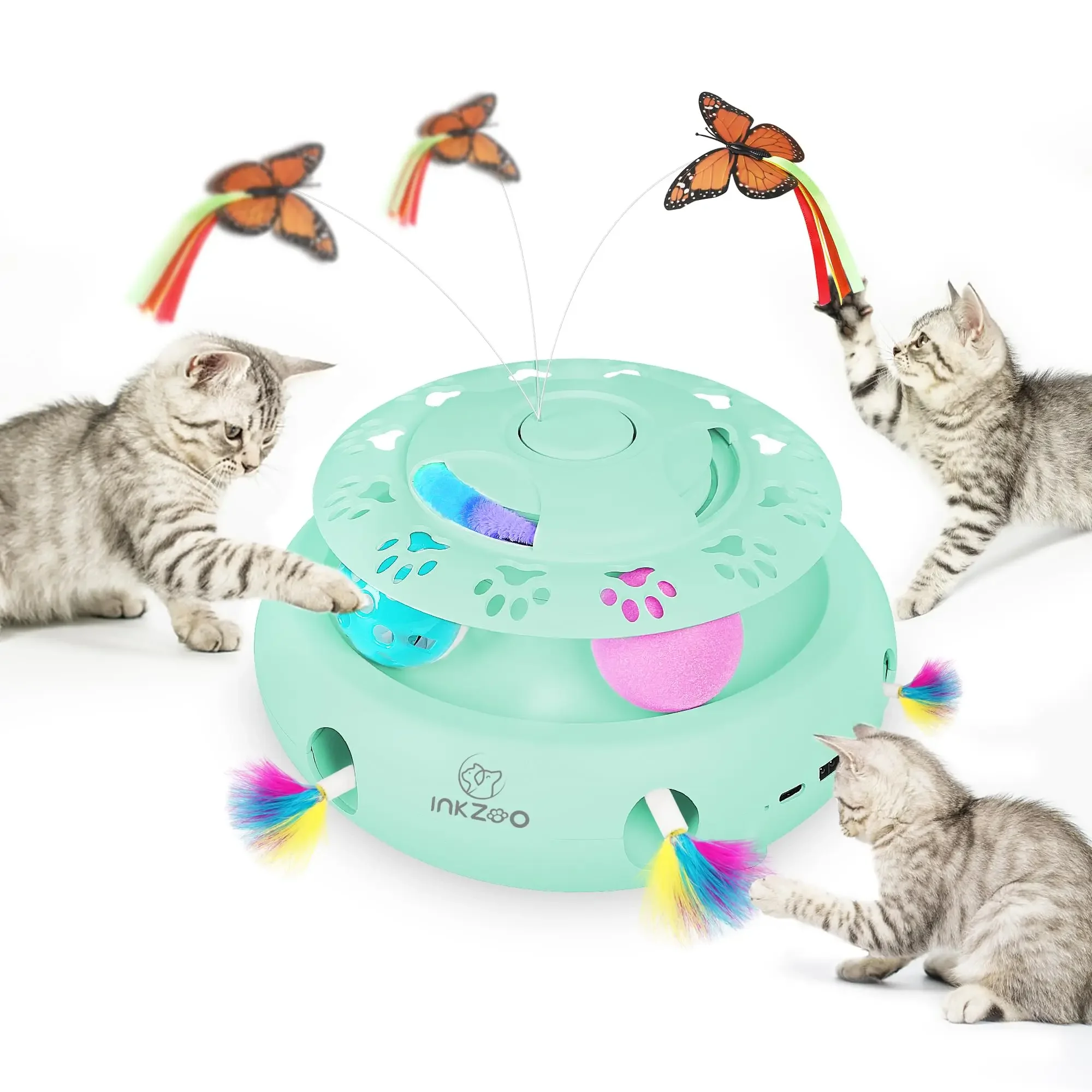 PERKEO 4-in-1 Interactive Cat Toys for Indoor Cats, Automatic 6 Holes Mice Whack-A-Mole, Fluttering Butterfly, Track Balls, USB