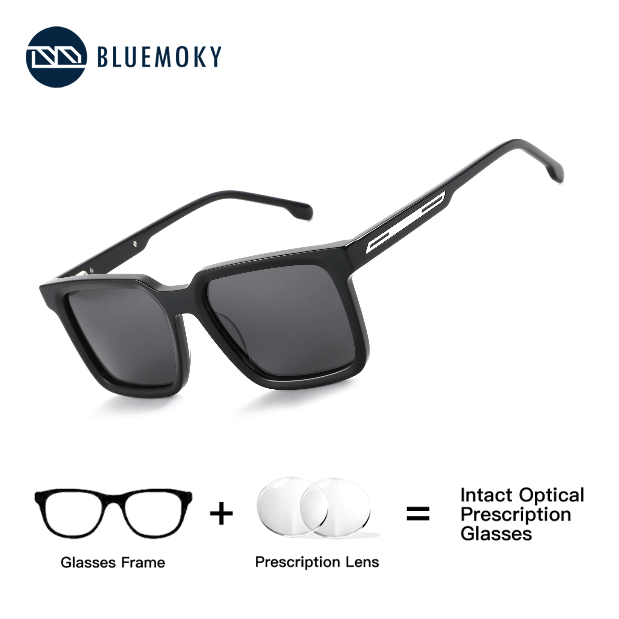 

BLUEMOKY Fashion Square Acetate Custom Correction Prescription Sunglasses, Men's Progressive Myopia, UV400 Polarized
