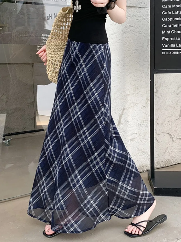 

Корейская клетчатая юбка-миди с завышенной талией, женская летняя новинка, элегантная юбка-рыбий хвост, полупринцесса, для офиса, с легкой эластичностью