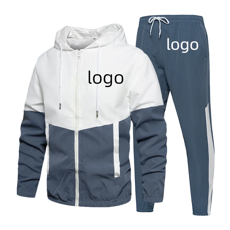 Custom Your Logo Men\'s Tracksuit 2 Pieces Sports Set Jogging and Hoodies Long Sleeve Coat Zip Up Patchwork Clothing