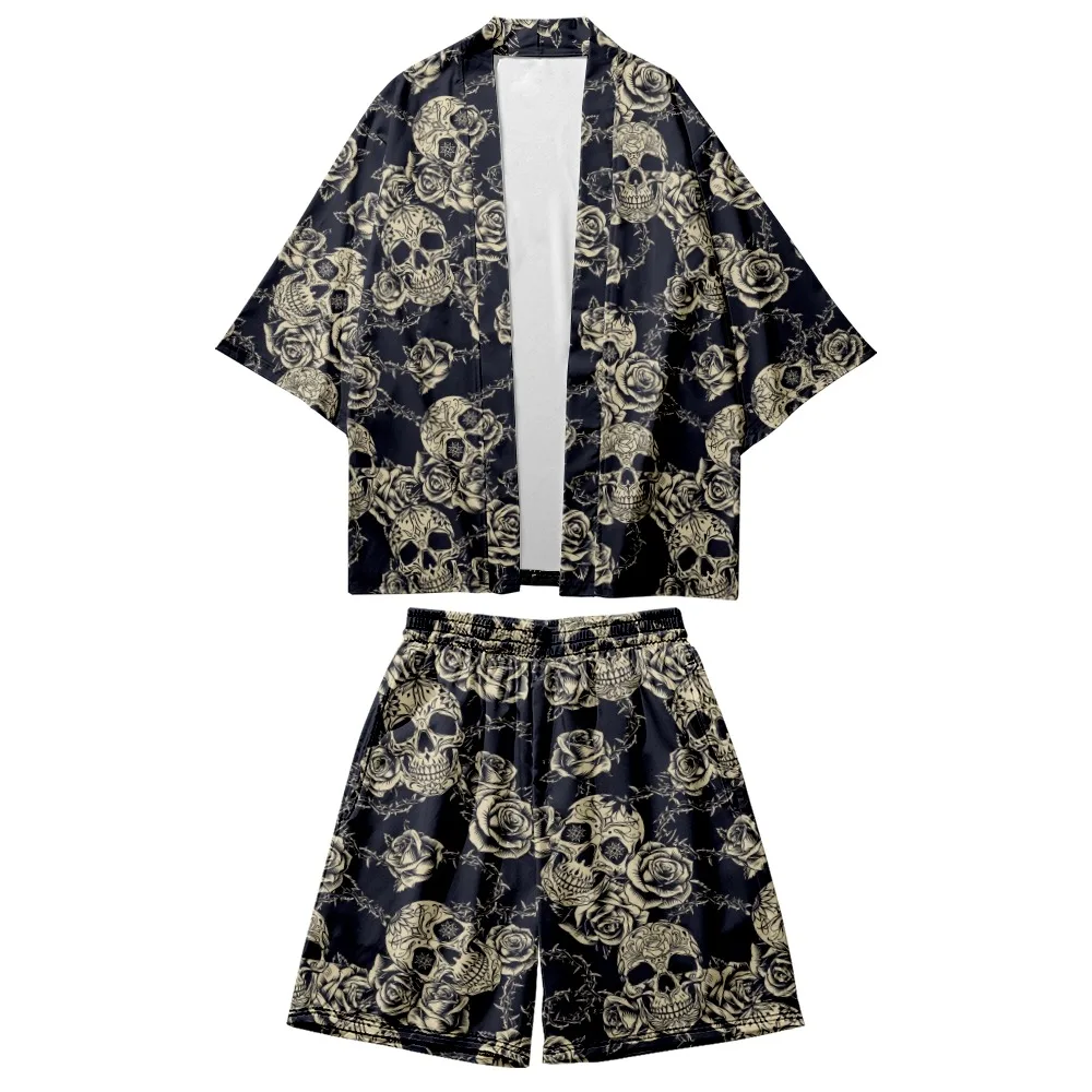 

2022 Floral skull Printing Creative 3D Digital Printing Daily Men's and Women's Short Sleeve Kimono Shorts Set-