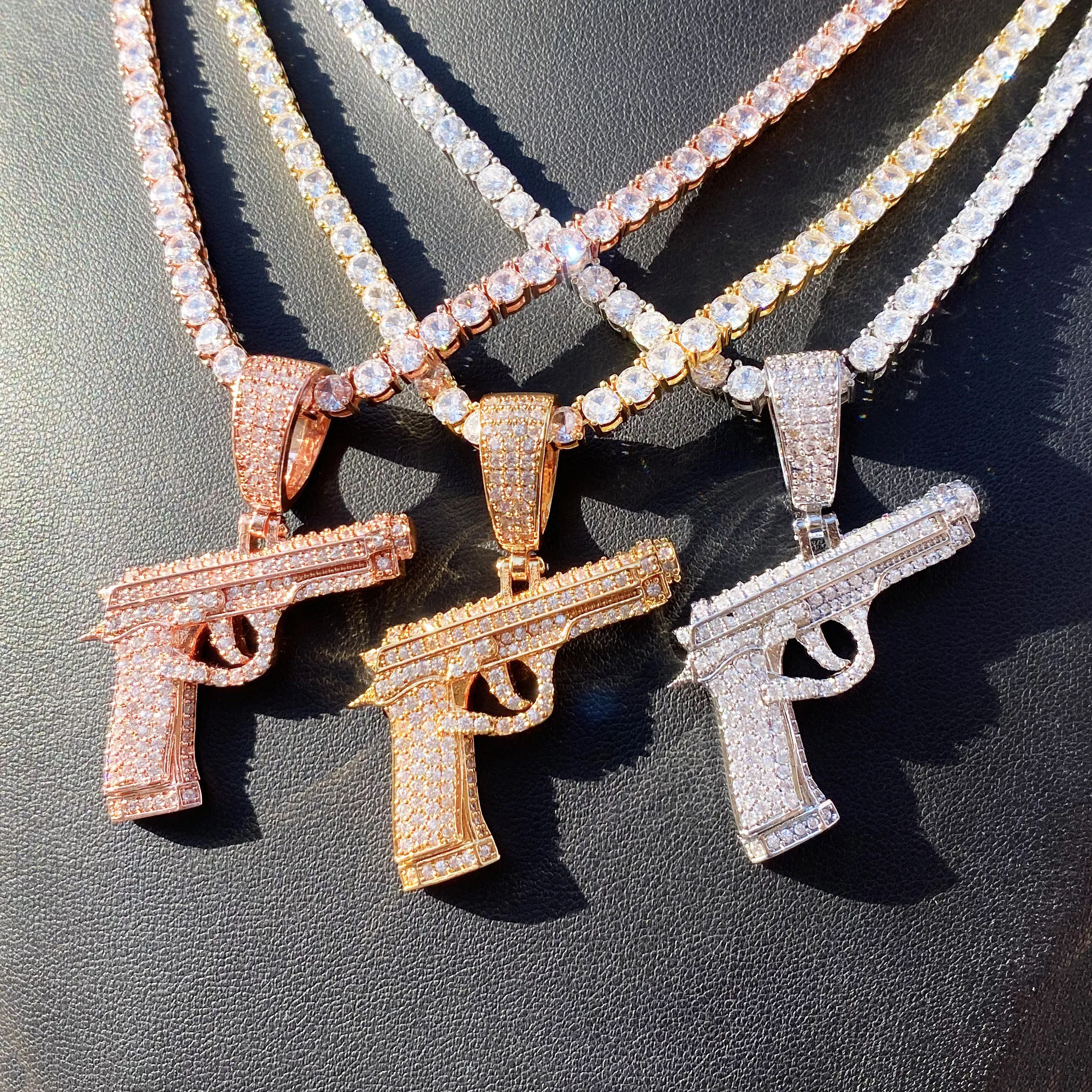 Aokaishen Iced Out Gun Necklace Pendant for Men Street Culture Prong Setting Charm Cubic Zirconia Hip Hop Jewelry view 6