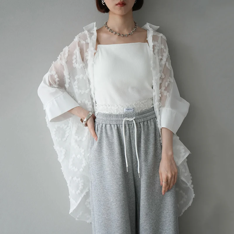 Embroidered Hollow Out Focking White Black Shirt Fashion Kimono Loose Casual Tops Blouse Women Outfits Half Sleeve Buttons Shirt
