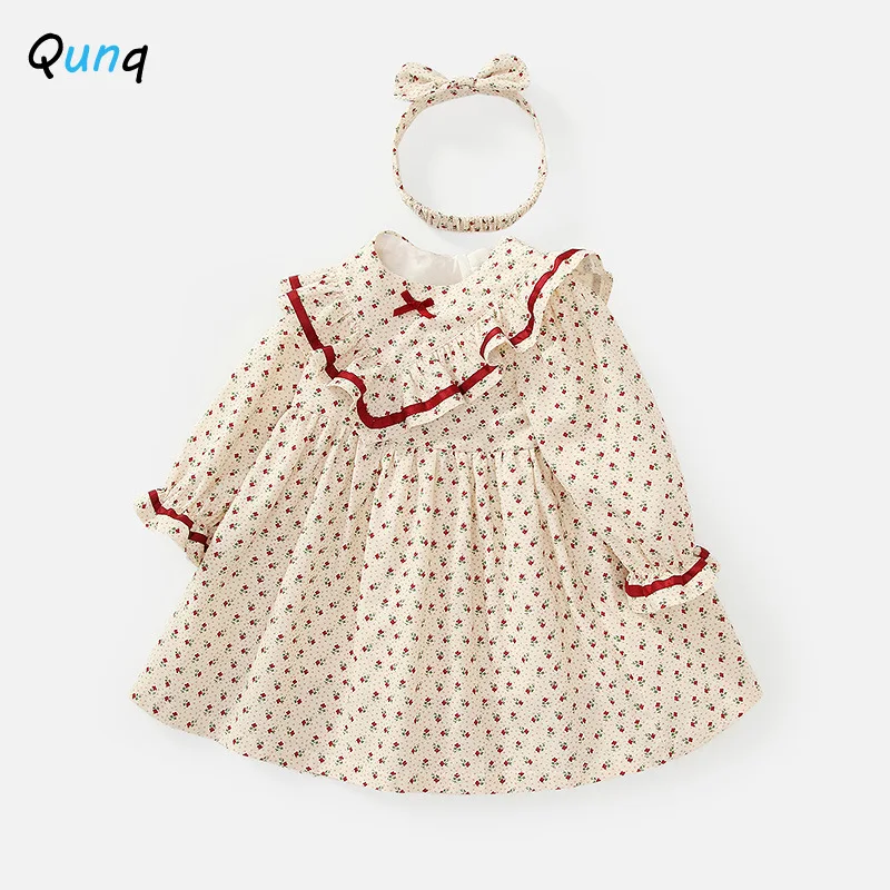 

Qunq Girls Autumn Lace Collar Floral Print Long Sleeve Casual Dress Birthday party Preppy Style Lovely Kids Clothes Age 1T-3T