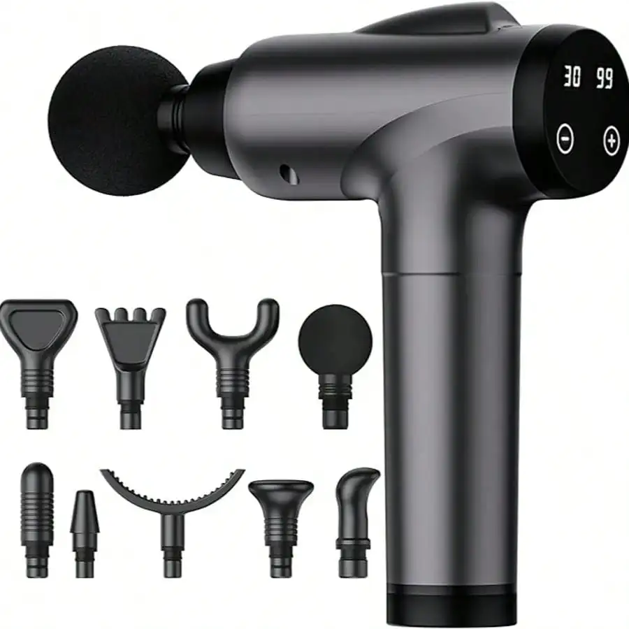 Wiederaufladbare Handmassagepistole mit LED-Anzeige, tragbare Massagepistole mit 9 austauschbaren Massageköpfen und 30 Aufsätzen.