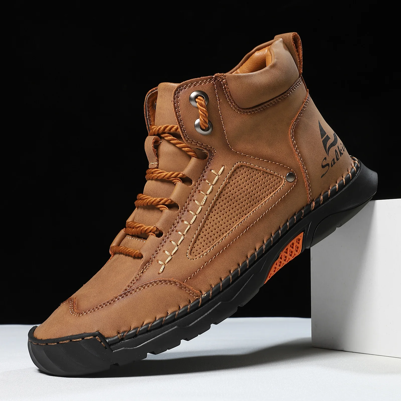 Men's Leather Ankle Boots Outdoor Casual Boots Vintage Soft Sneakers Flat Lace-up Boots Handmade Large Size Mens Shoes Botines
