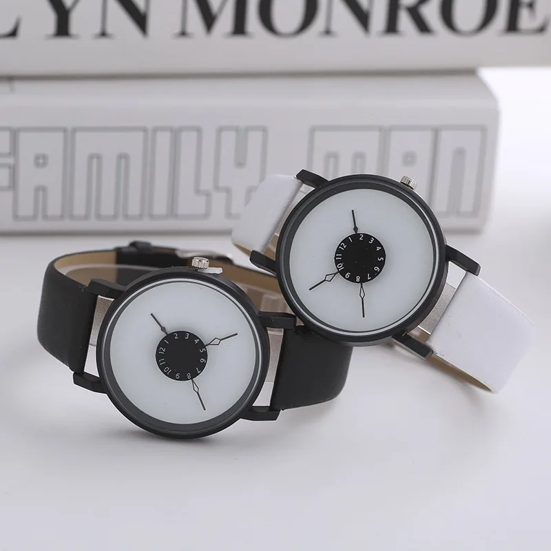 Popular New Concept Personality Reverse Pointer Women and Man Watch Version Simple Black White Couple Belt Quartz Wristwatch