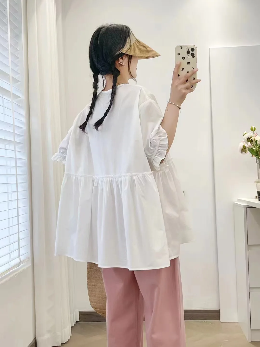 Summer Cotton Short Puff Sleeve Shirts, Woman VNecks Lace Tops, Sweet Girl Casual Fashion Loose Blouses, 2024 Autumn T47535QM